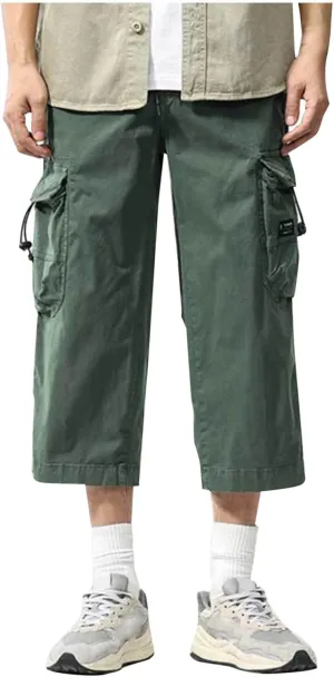 Mens Casual Cargo Capri Pants Loose Fit Below Knee Outdoor Athletic Running Drawstring Short Pants with Multi-Pocket