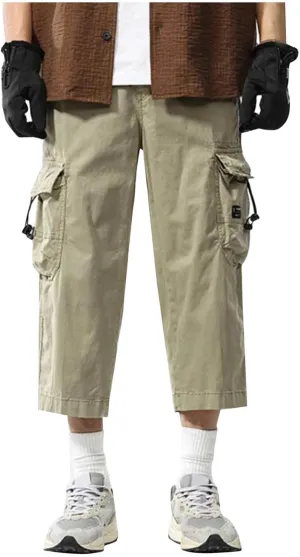 Mens Casual Cargo Capri Pants Loose Fit Below Knee Outdoor Athletic Running Drawstring Short Pants with Multi-Pocket