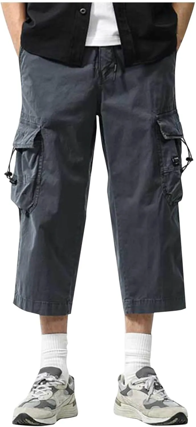 Mens Casual Cargo Capri Pants Loose Fit Below Knee Outdoor Athletic Running Drawstring Short Pants with Multi-Pocket