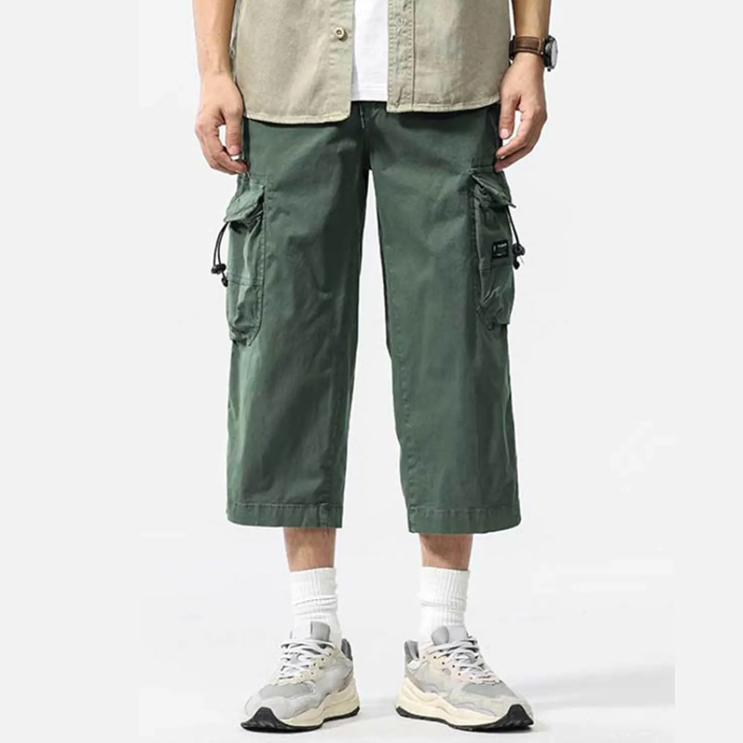 Mens Casual Cargo Capri Pants Loose Fit Below Knee Outdoor Athletic Running Drawstring Short Pants with Multi-Pocket