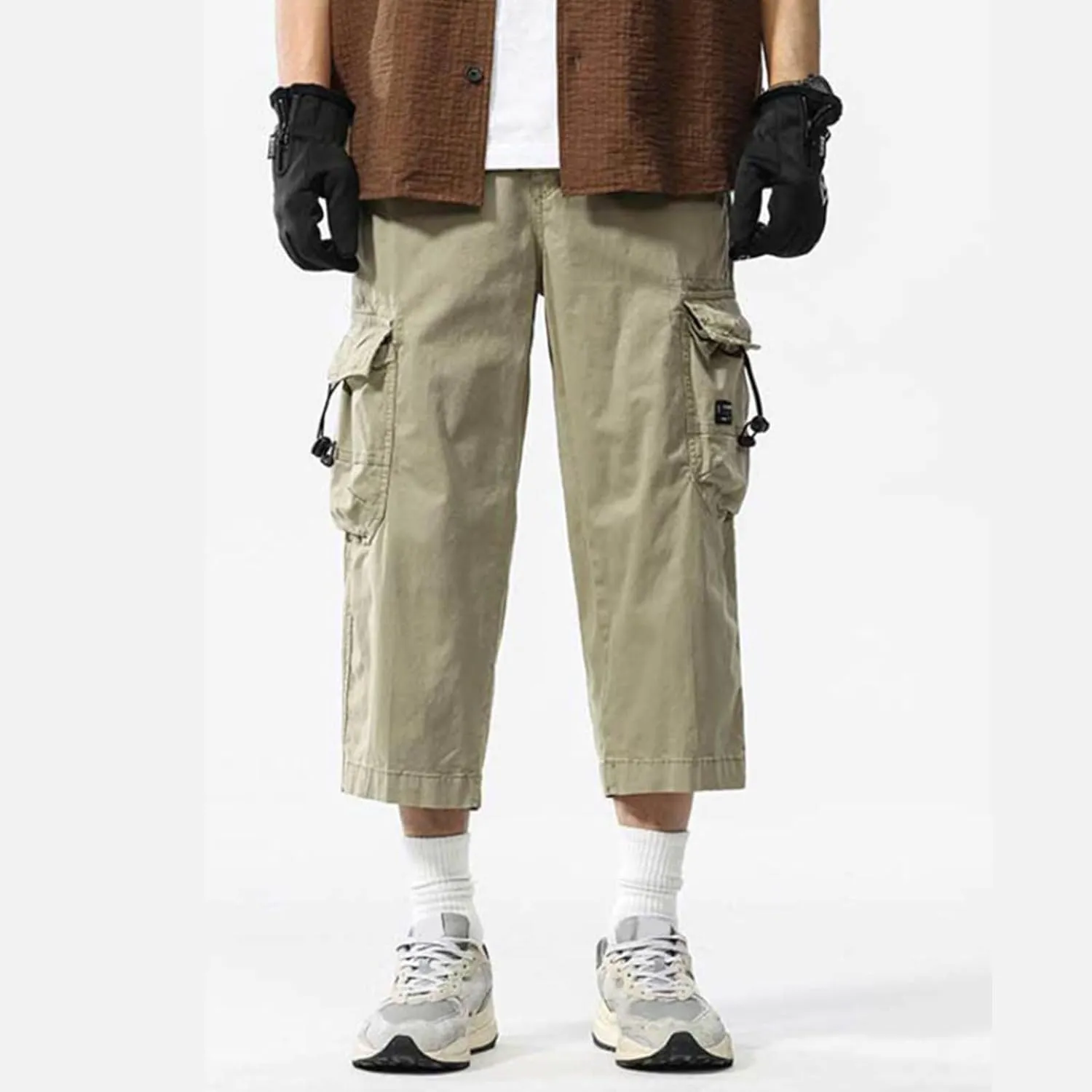 Mens Casual Cargo Capri Pants Loose Fit Below Knee Outdoor Athletic Running Drawstring Short Pants with Multi-Pocket