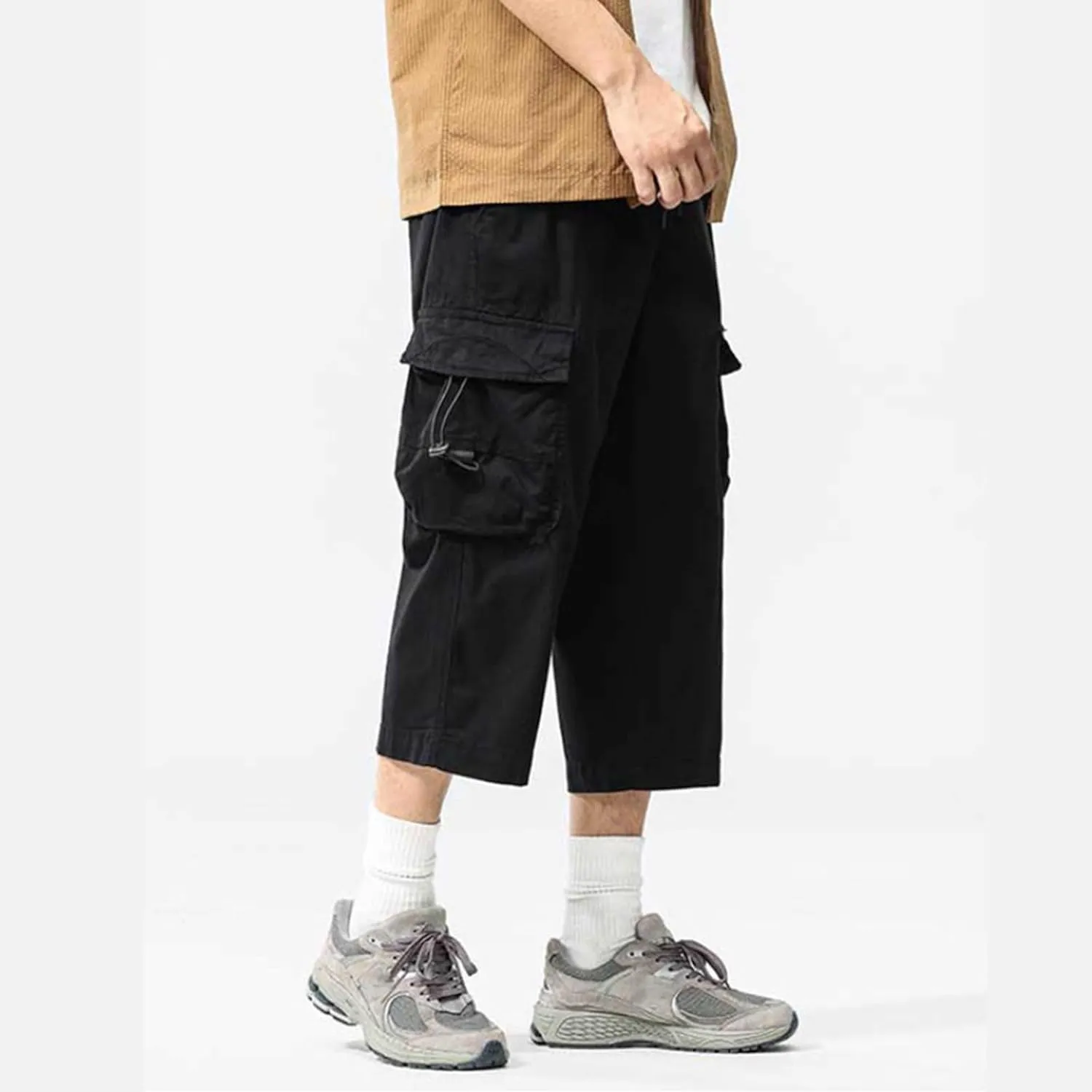 Mens Casual Cargo Capri Pants Loose Fit Below Knee Outdoor Athletic Running Drawstring Short Pants with Multi-Pocket