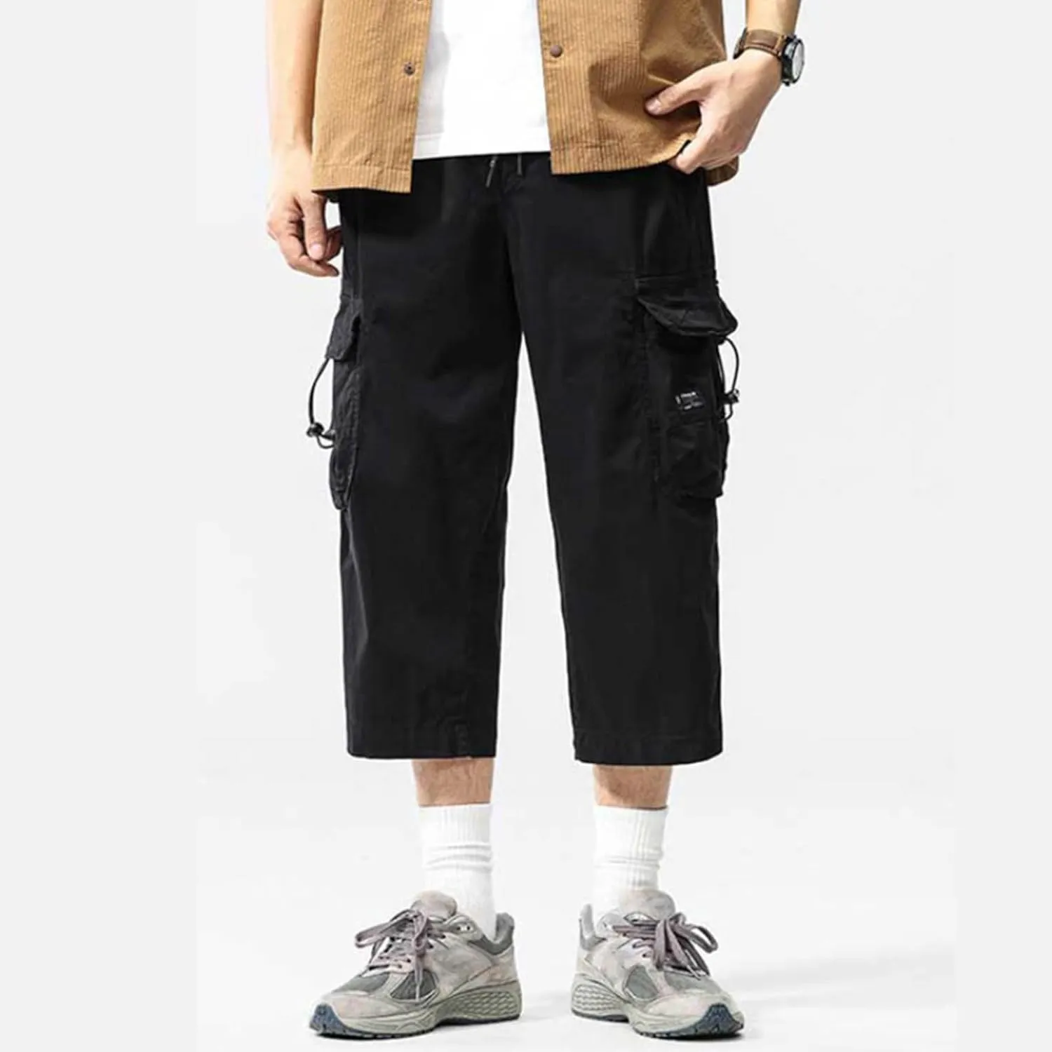 Mens Casual Cargo Capri Pants Loose Fit Below Knee Outdoor Athletic Running Drawstring Short Pants with Multi-Pocket