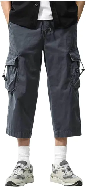 Mens Casual Cargo Capri Pants Loose Fit Below Knee Outdoor Athletic Running Drawstring Short Pants with Multi-Pocket