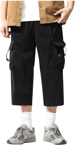 Mens Casual Cargo Capri Pants Loose Fit Below Knee Outdoor Athletic Running Drawstring Short Pants with Multi-Pocket