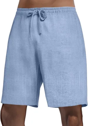 Mens Casual Cotton Linen Shorts - Elastic Waist Drawstring Summer Beach Shorts with Pockets, Light Weight Workout Pants