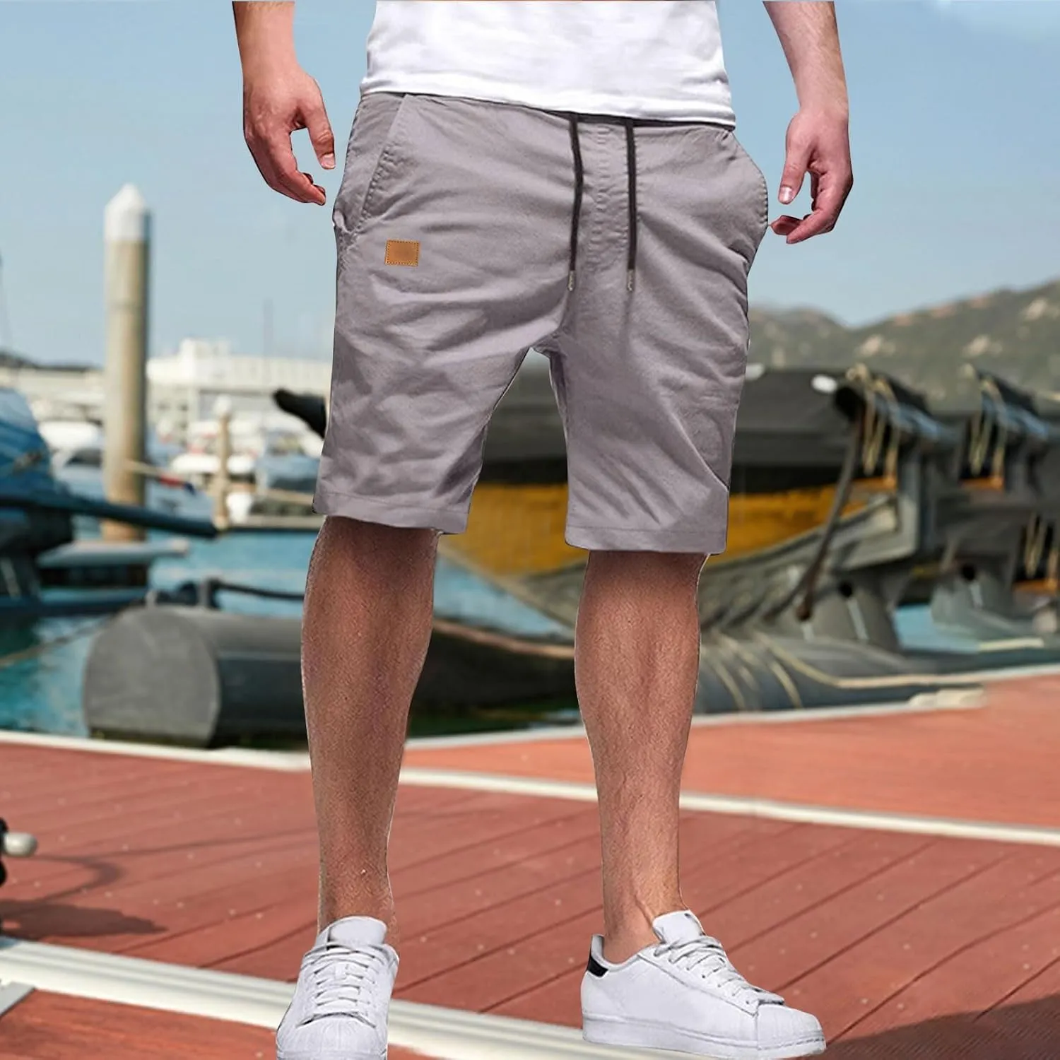 Men's Casual Shorts Drawstring Twill Chino Golf Shorts Elastic Waist Lightweight Summer Beach Stretch Trousers