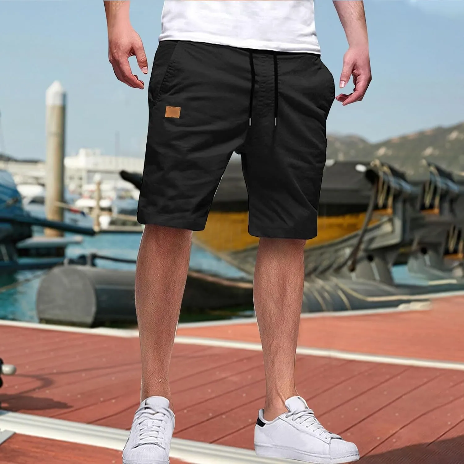 Men's Casual Shorts Drawstring Twill Chino Golf Shorts Elastic Waist Lightweight Summer Beach Stretch Trousers