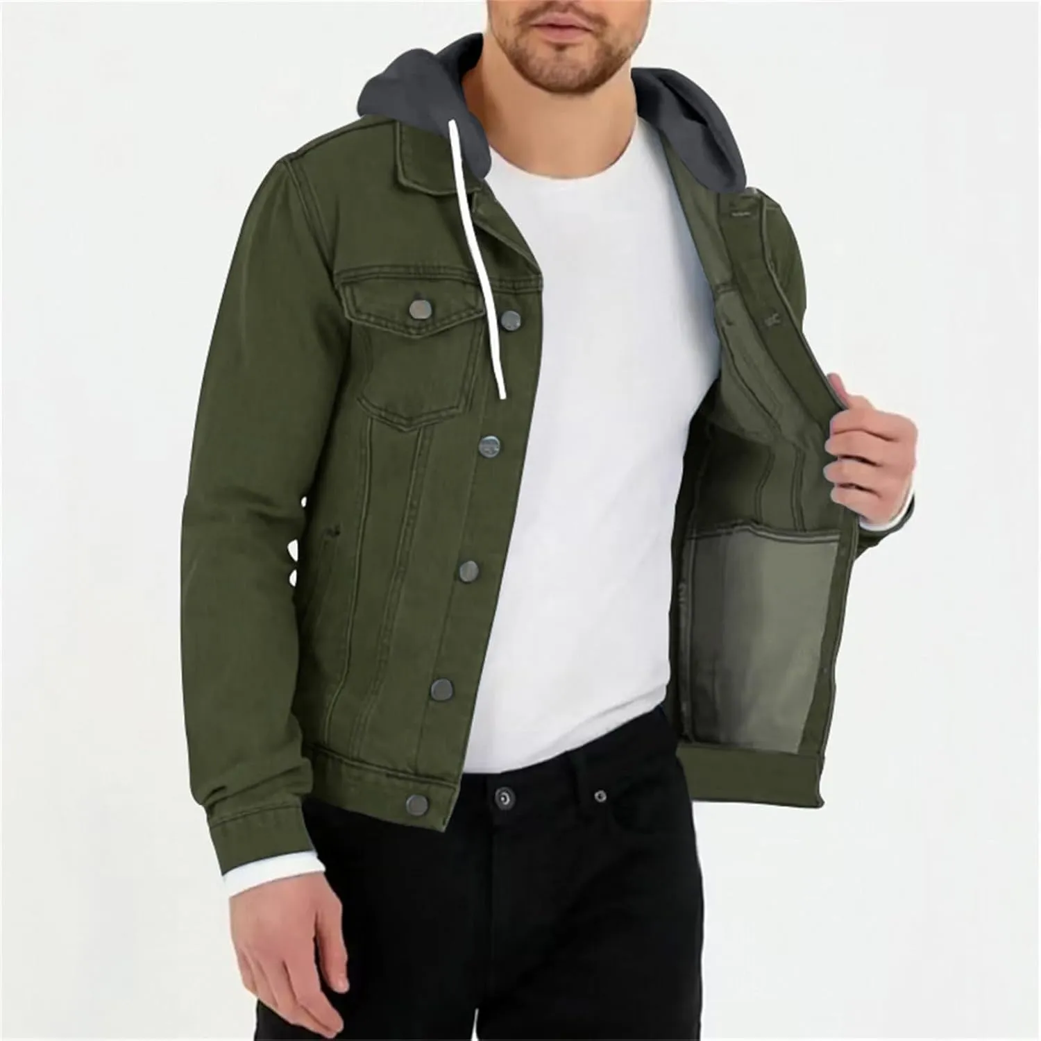 Mens Denim Classic Jacket Slim Fit Casual Trucker Jacket Long Sleeve Drawstring Hooded Coat with Button Flip Pockets