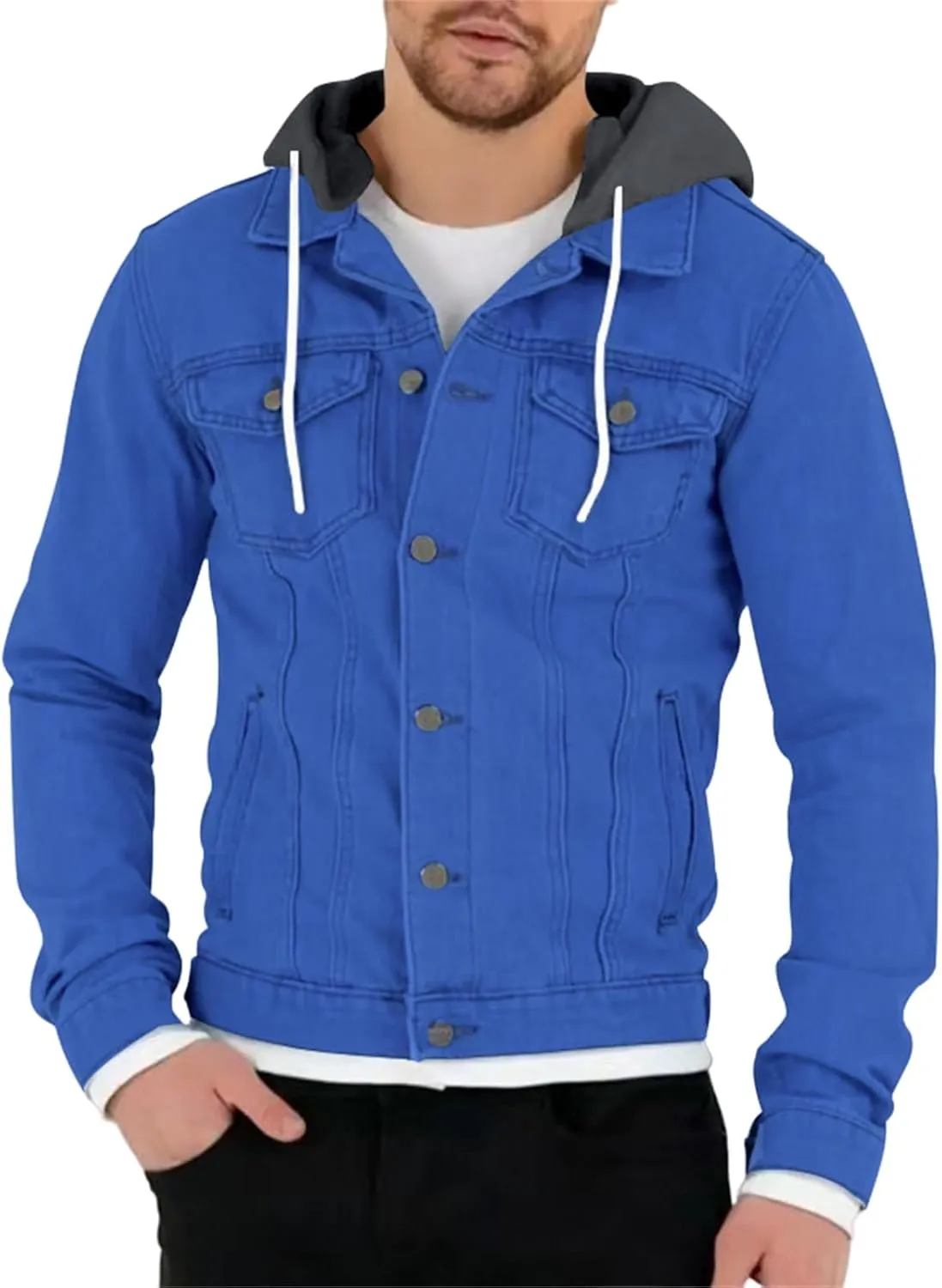 Mens Denim Classic Jacket Slim Fit Casual Trucker Jacket Long Sleeve Drawstring Hooded Coat with Button Flip Pockets