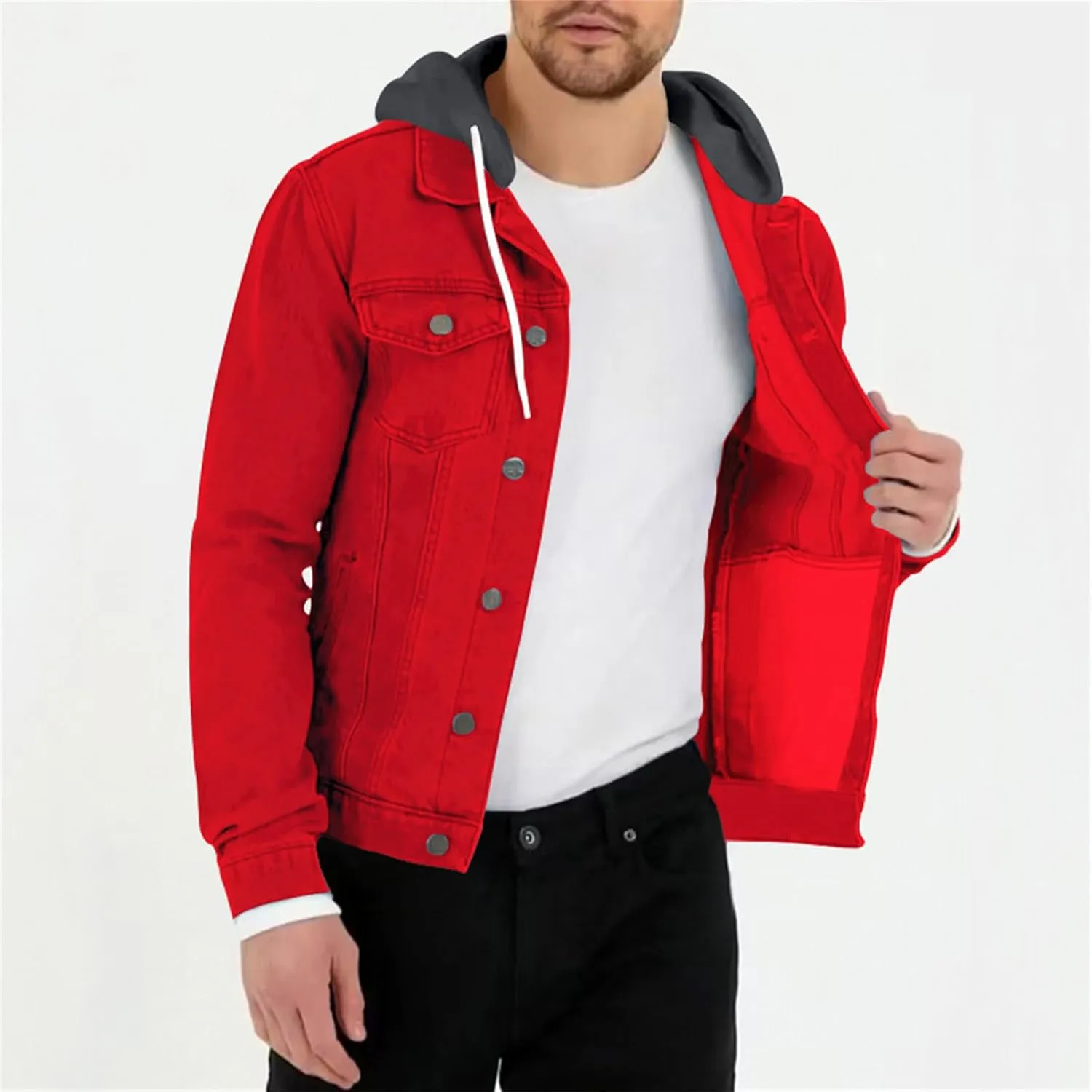 Mens Denim Classic Jacket Slim Fit Casual Trucker Jacket Long Sleeve Drawstring Hooded Coat with Button Flip Pockets