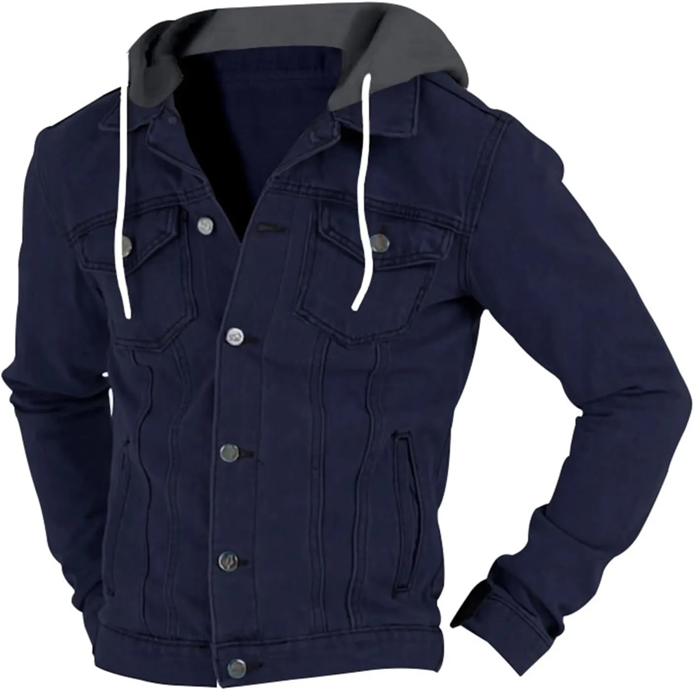 Mens Denim Classic Jacket Slim Fit Casual Trucker Jacket Long Sleeve Drawstring Hooded Coat with Button Flip Pockets