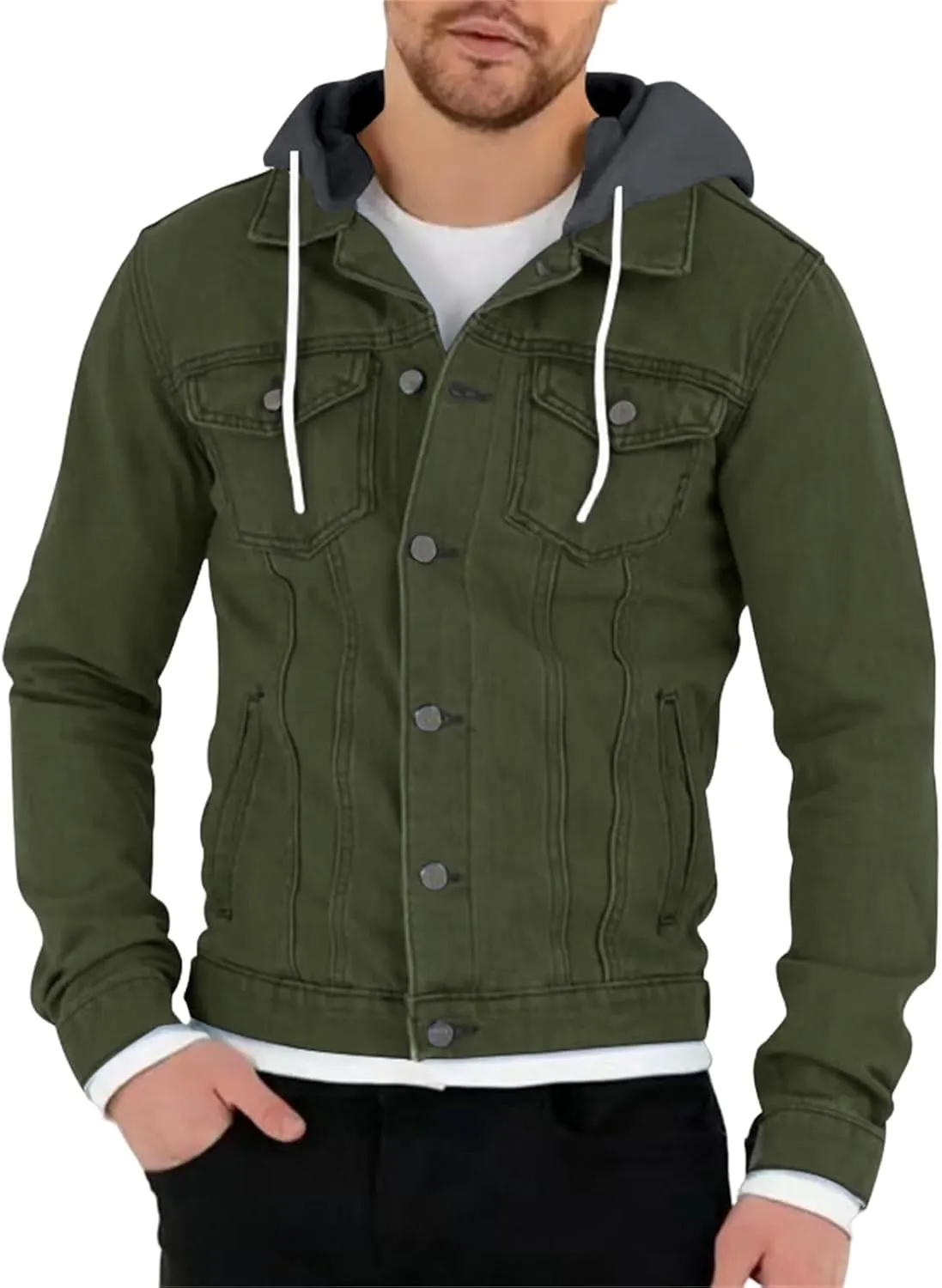 Mens Denim Classic Jacket Slim Fit Casual Trucker Jacket Long Sleeve Drawstring Hooded Coat with Button Flip Pockets