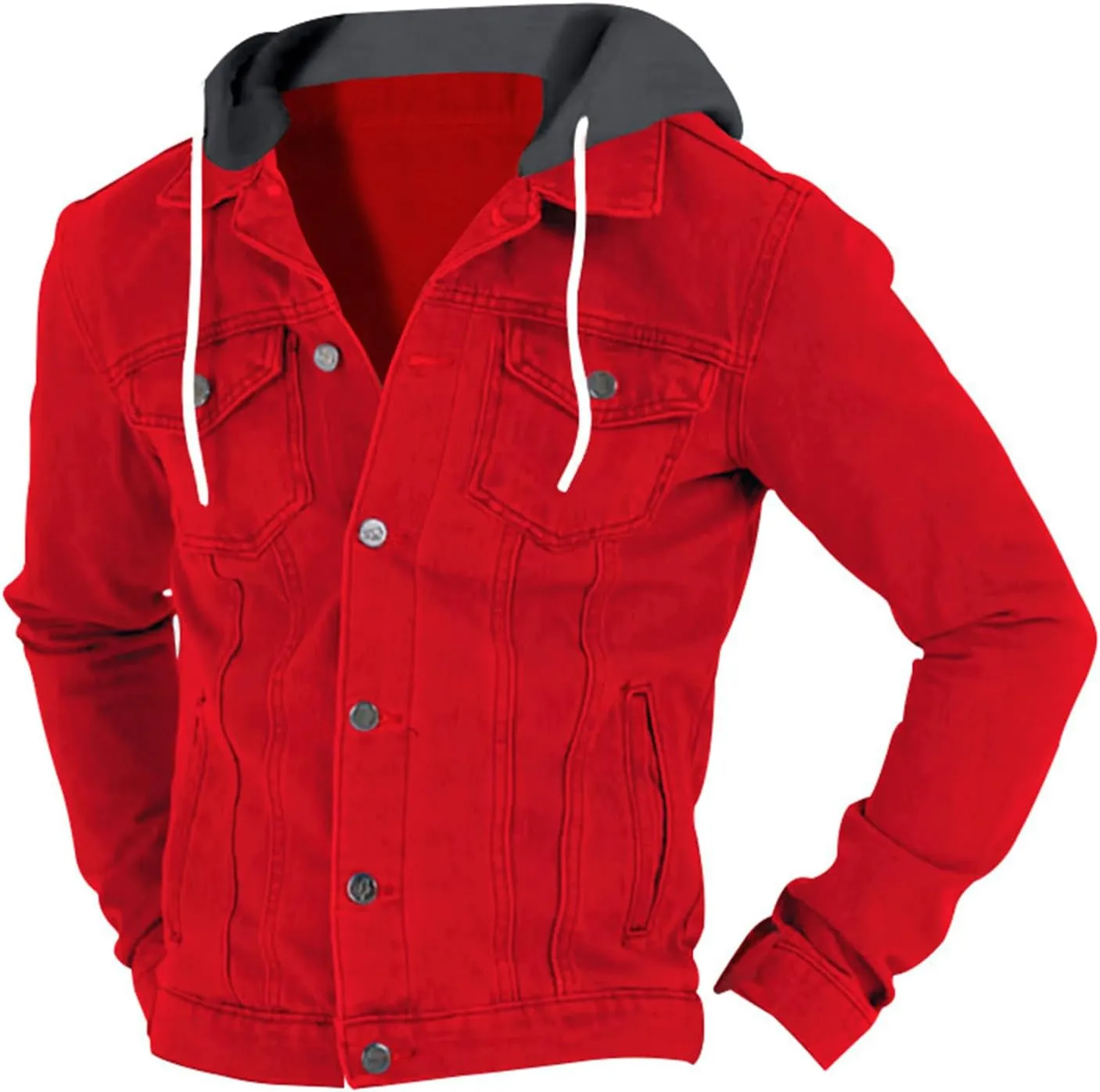 Mens Denim Classic Jacket Slim Fit Casual Trucker Jacket Long Sleeve Drawstring Hooded Coat with Button Flip Pockets