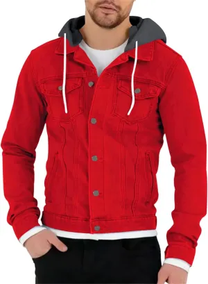Mens Denim Classic Jacket Slim Fit Casual Trucker Jacket Long Sleeve Drawstring Hooded Coat with Button Flip Pockets