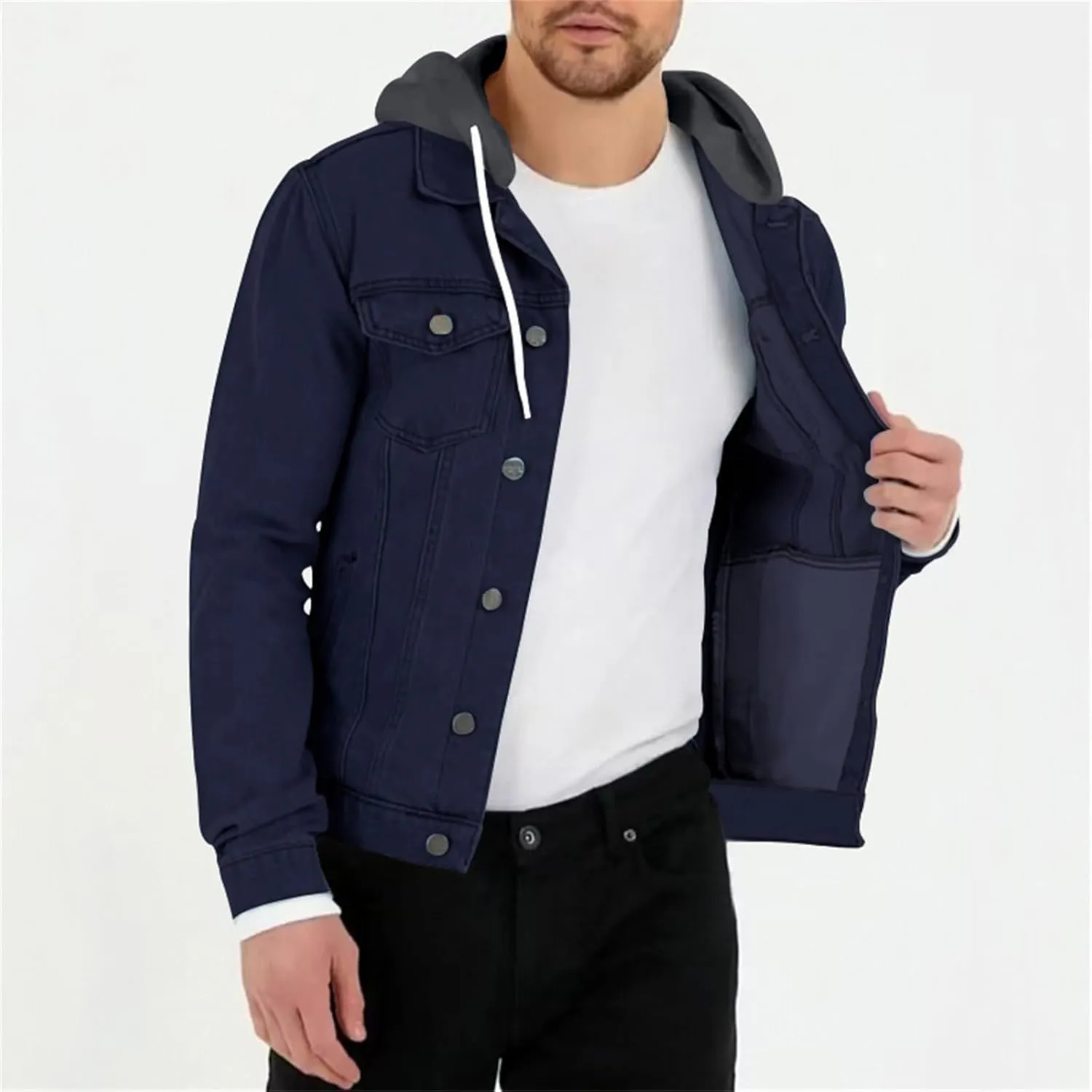 Mens Denim Classic Jacket Slim Fit Casual Trucker Jacket Long Sleeve Drawstring Hooded Coat with Button Flip Pockets