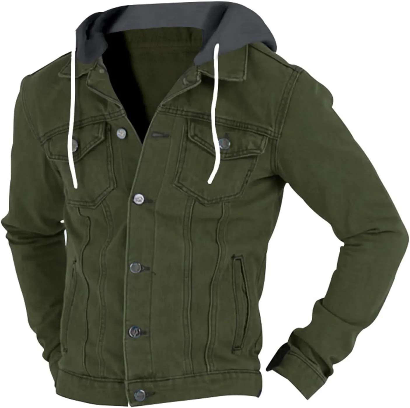 Mens Denim Classic Jacket Slim Fit Casual Trucker Jacket Long Sleeve Drawstring Hooded Coat with Button Flip Pockets