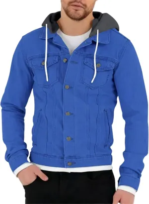 Mens Denim Classic Jacket Slim Fit Casual Trucker Jacket Long Sleeve Drawstring Hooded Coat with Button Flip Pockets