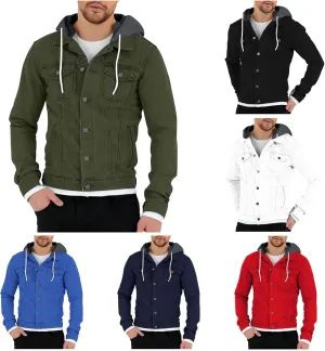 Mens Denim Classic Jacket Slim Fit Casual Trucker Jacket Long Sleeve Drawstring Hooded Coat with Button Flip Pockets