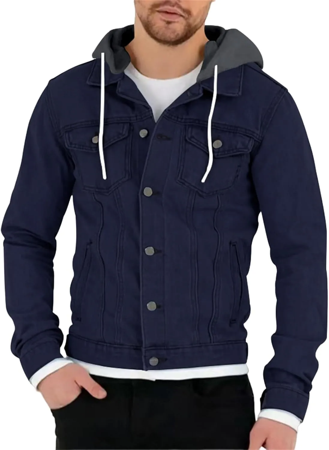 Mens Denim Classic Jacket Slim Fit Casual Trucker Jacket Long Sleeve Drawstring Hooded Coat with Button Flip Pockets
