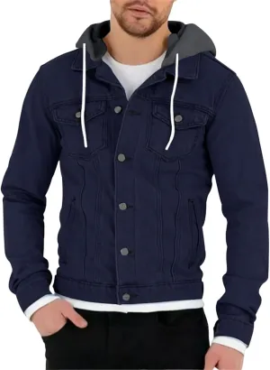 Mens Denim Classic Jacket Slim Fit Casual Trucker Jacket Long Sleeve Drawstring Hooded Coat with Button Flip Pockets
