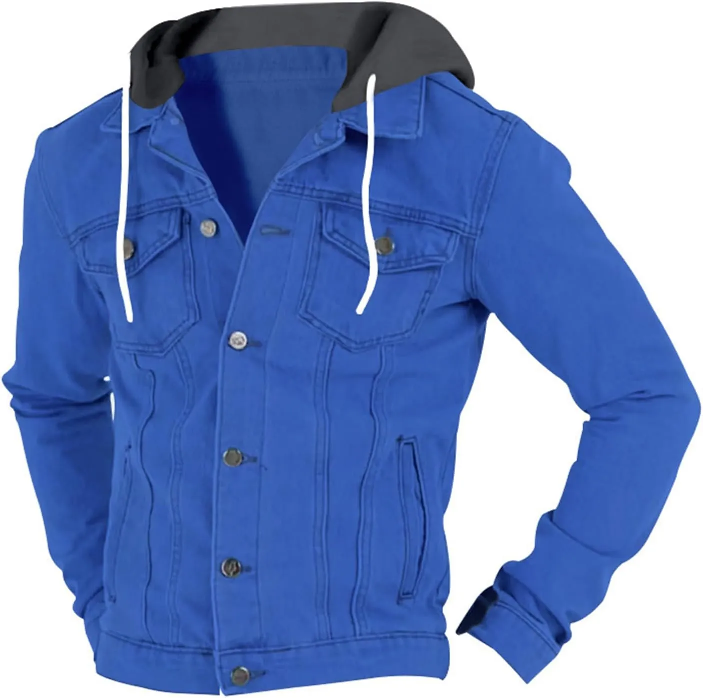 Mens Denim Classic Jacket Slim Fit Casual Trucker Jacket Long Sleeve Drawstring Hooded Coat with Button Flip Pockets
