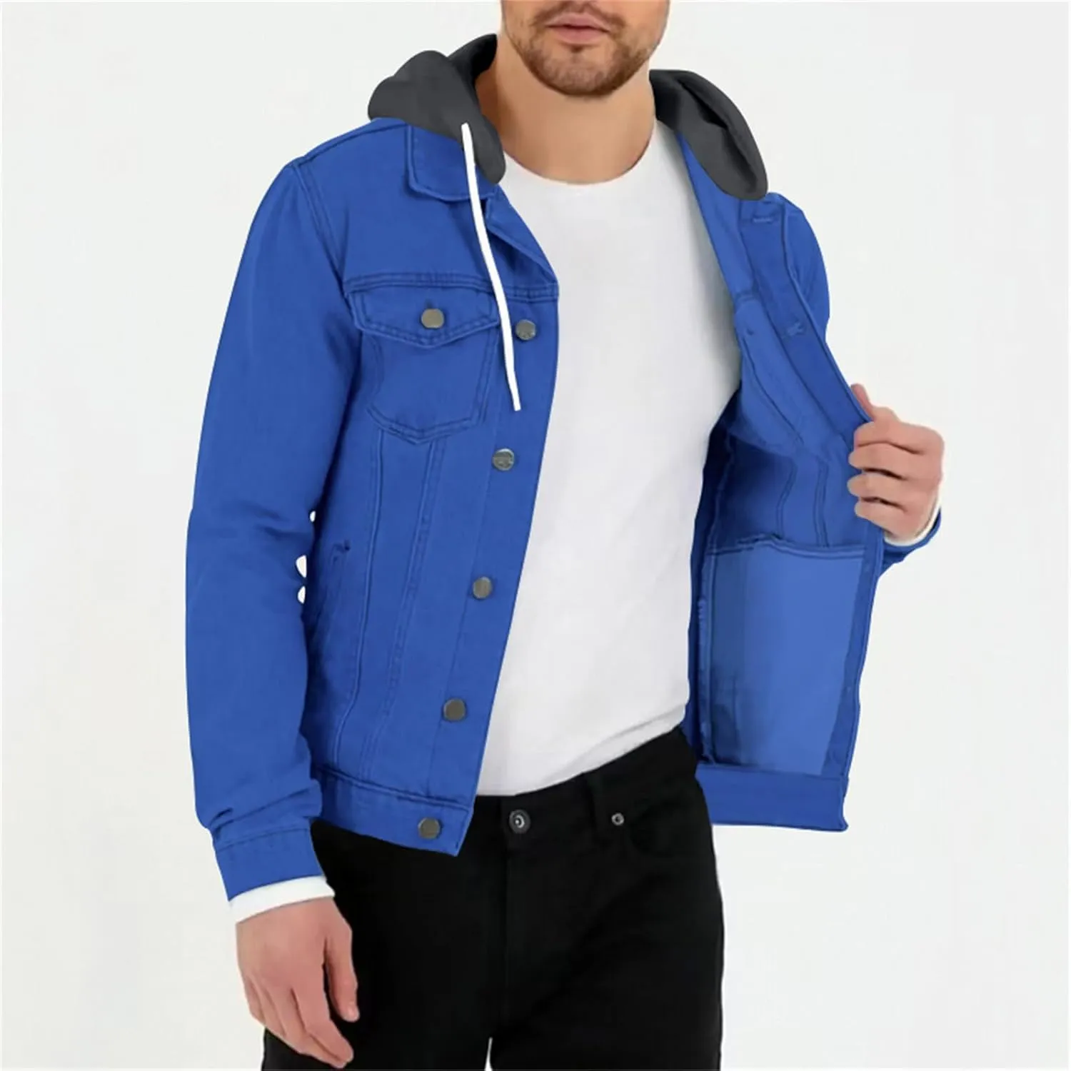 Mens Denim Classic Jacket Slim Fit Casual Trucker Jacket Long Sleeve Drawstring Hooded Coat with Button Flip Pockets