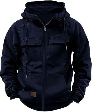 Men's Fall Winter Hooded Jacket Vintage Cargo Long Sleeve Solid Multiple Pockets Tops Coat Casual Sweatshirts Jacket