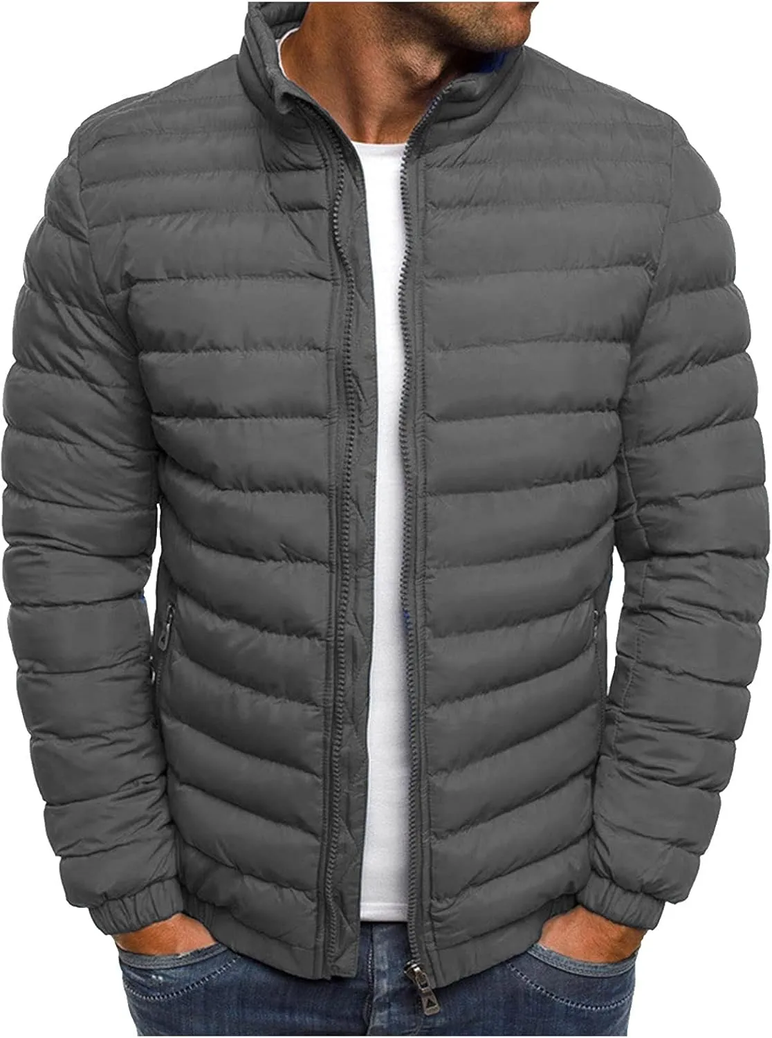 Mens Puffer Jacket Warm Windproof Lightweight Winter Fall Stand Collar Down Packable Coats Plus Size Puffy Jackets