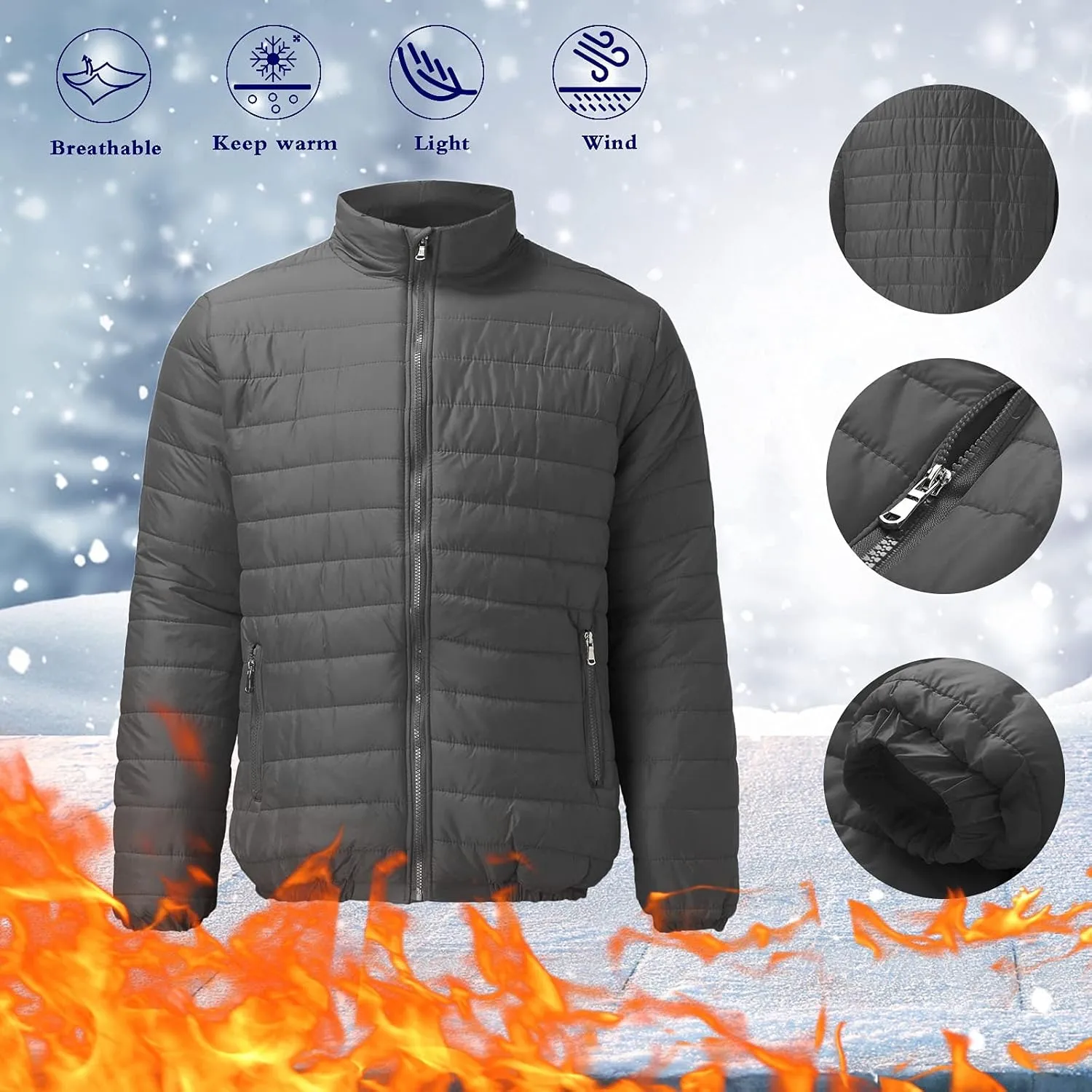 Mens Puffer Jacket Warm Windproof Lightweight Winter Fall Stand Collar Down Packable Coats Plus Size Puffy Jackets