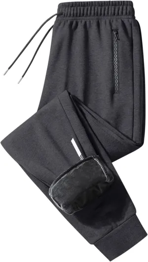 Mens Sweatpants Winter Fleece Lined Jogger Pants Plus Size Fashion Zipper Cinch Bottom Warm Trousers with Drawstring