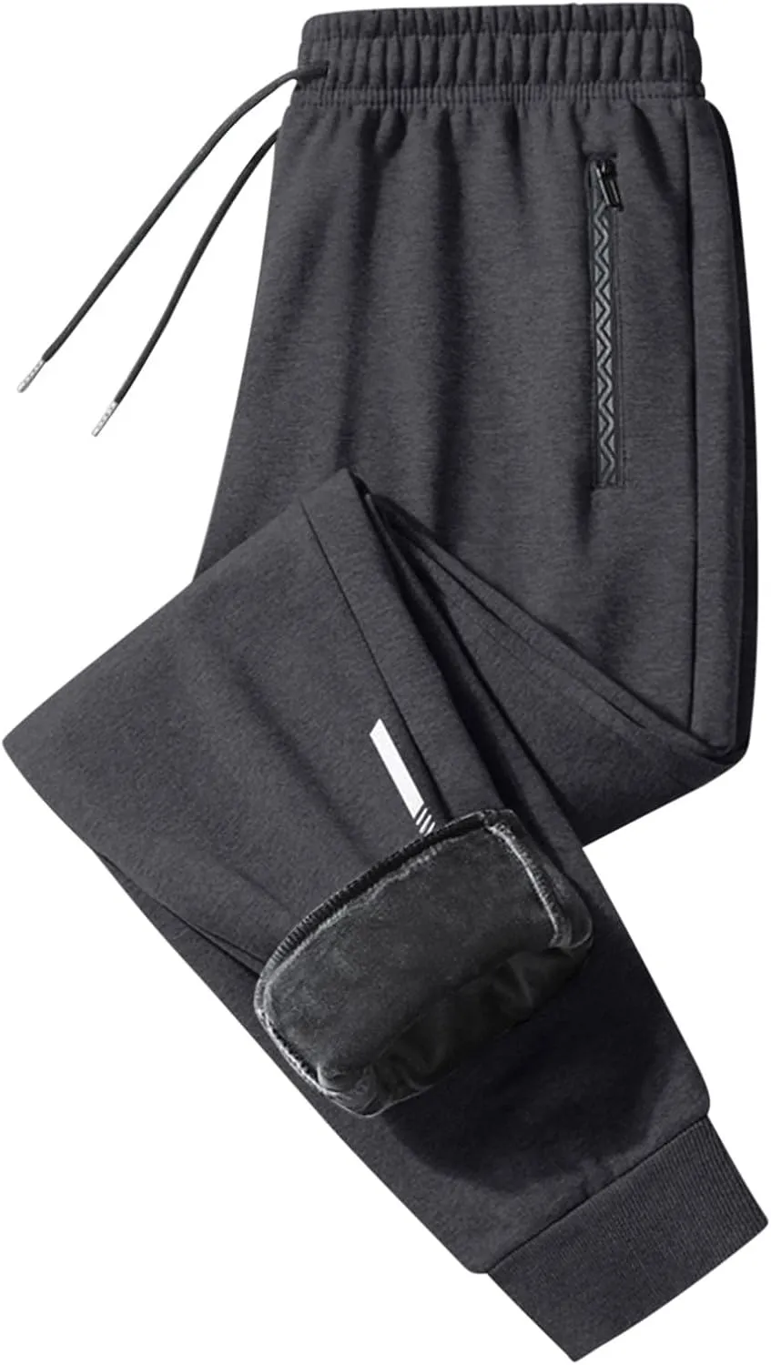 Mens Sweatpants Winter Fleece Lined Jogger Pants Plus Size Fashion Zipper Cinch Bottom Warm Trousers with Drawstring