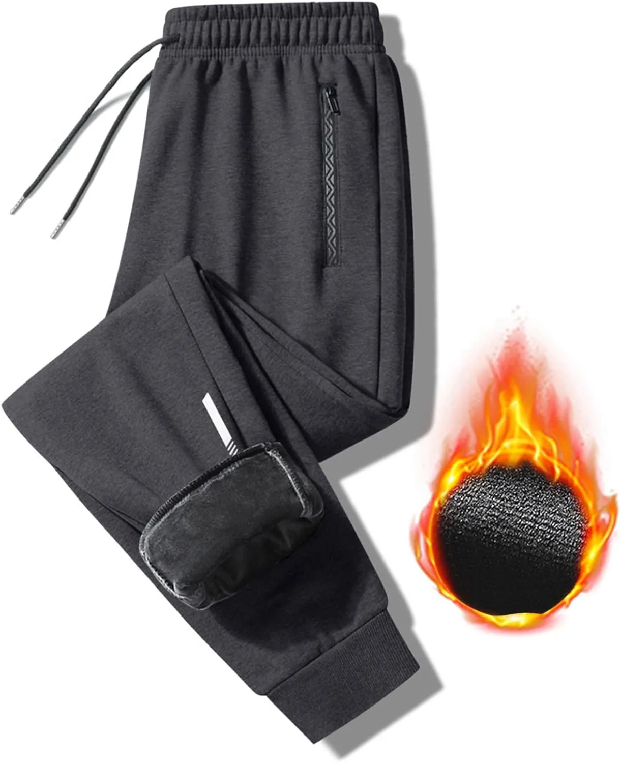 Mens Sweatpants Winter Fleece Lined Jogger Pants Plus Size Fashion Zipper Cinch Bottom Warm Trousers with Drawstring