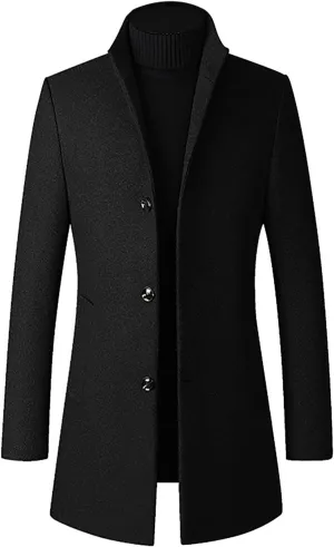 Men's Trench Coat Wool Blend Slim Fit Top Coat Single Breasted Business Overcoat Peacoat Men's
