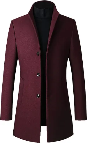 Men's Trench Coat Wool Blend Slim Fit Top Coat Single Breasted Business Overcoat Peacoat Men's