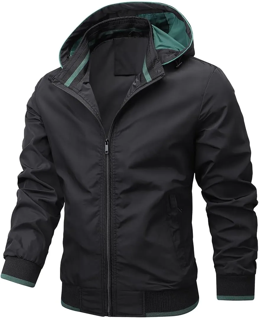 Mens Windproof Jacket Zip Up Hooded Waterproof Windbreakers Loose Lightweight Coats Raincoat Activewear for Hiking