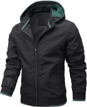 Mens Windproof Jacket Zip Up Hooded Waterproof Windbreakers Loose Lightweight Coats Raincoat Activewear for Hiking