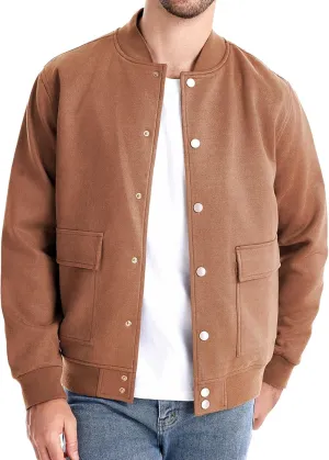 MIDOO Mens Full Zipper Fleece Jacket without Hood Collar Baseball Jacket With Button Pockets Long Sleeved Casual
