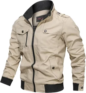 Motorcycle Jacket Men Full Zip Up Biker Jackets Mens Cotton Military Trucker Jacket Windbreakers with Multi Pockets