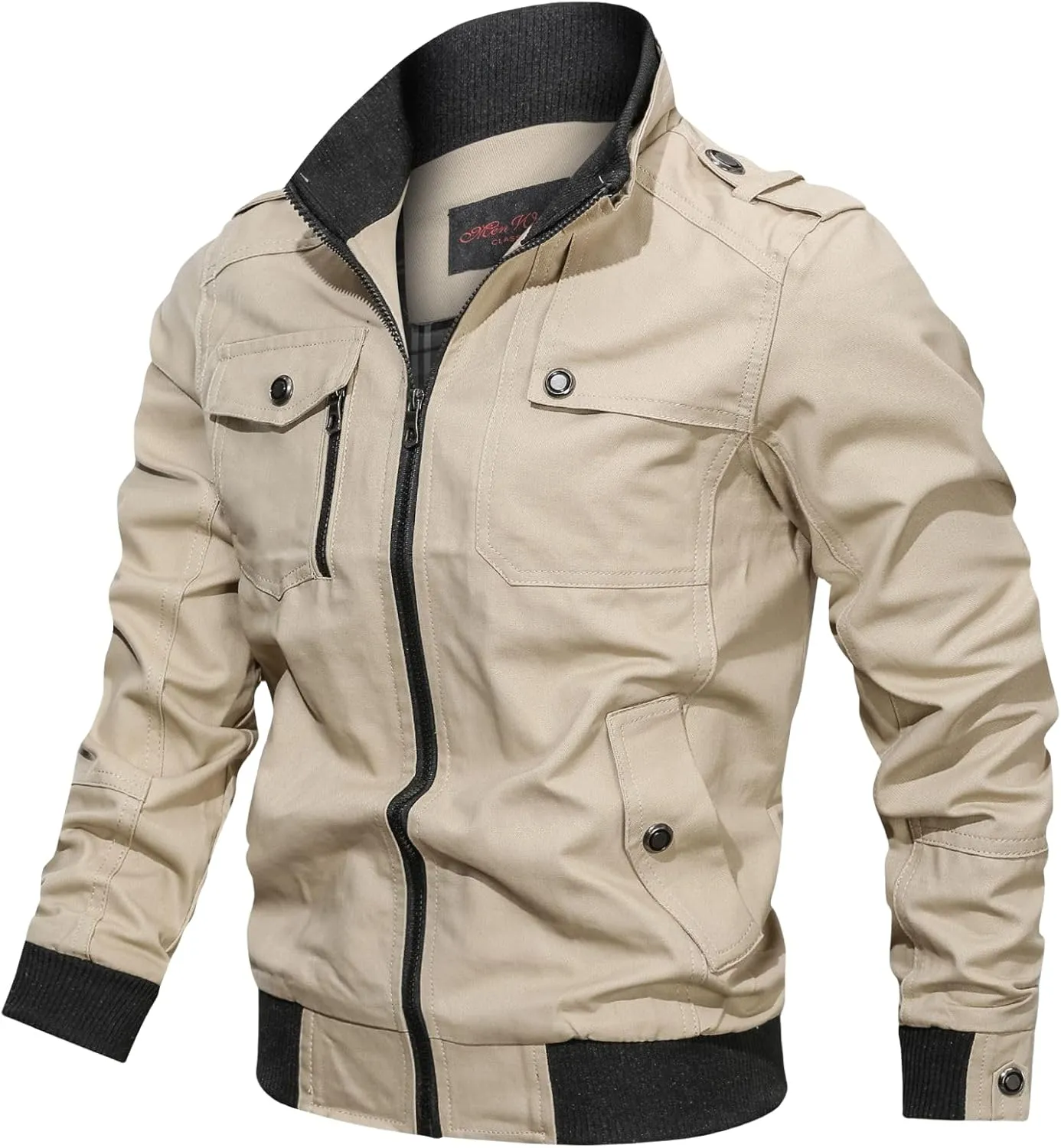 Motorcycle Jacket Men Full Zip Up Biker Jackets Mens Cotton Military Trucker Jacket Windbreakers with Multi Pockets
