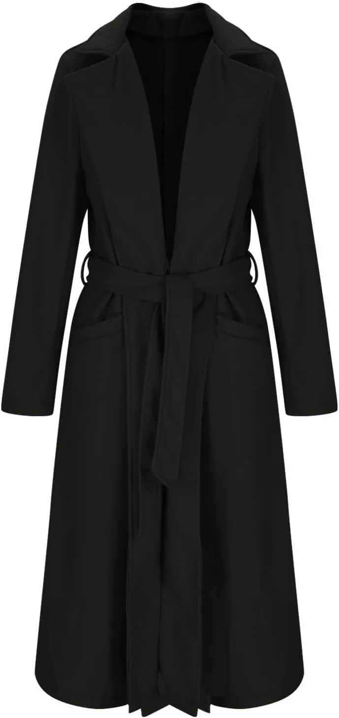 Pea Coats for Women Trendy Notch Lapel Open Front Overcoat Plus Size Long Wool Coats 2024 Winter Jackets with Belt