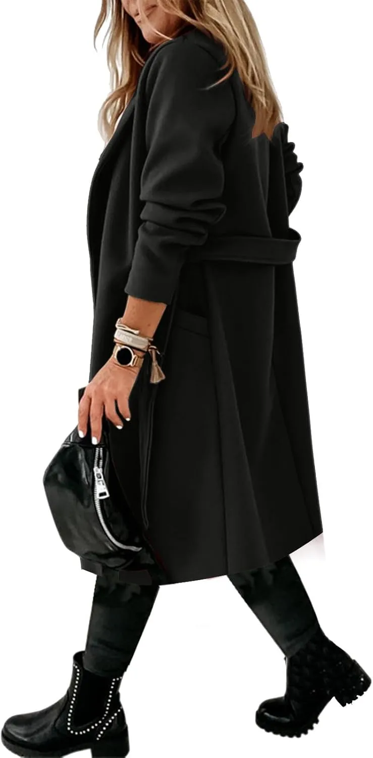 Pea Coats for Women Trendy Notch Lapel Open Front Overcoat Plus Size Long Wool Coats 2024 Winter Jackets with Belt