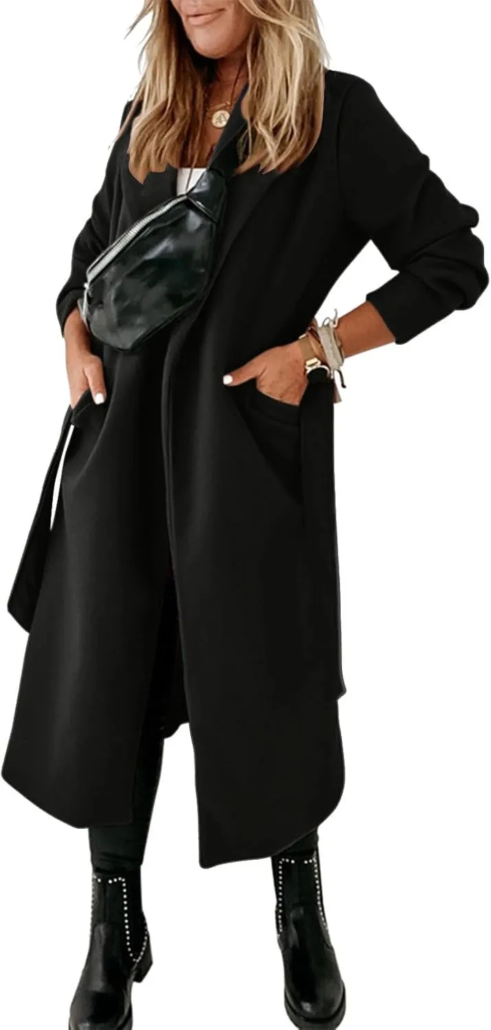Pea Coats for Women Trendy Notch Lapel Open Front Overcoat Plus Size Long Wool Coats 2024 Winter Jackets with Belt