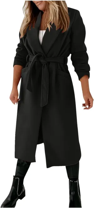 Pea Coats for Women Trendy Notch Lapel Open Front Overcoat Plus Size Long Wool Coats 2024 Winter Jackets with Belt