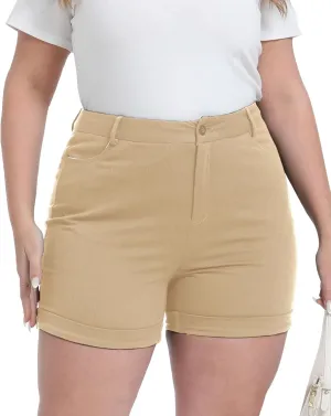 Plus Size Shorts Stretchy High Waisted Womens Summer Casual Shorts with Pockets