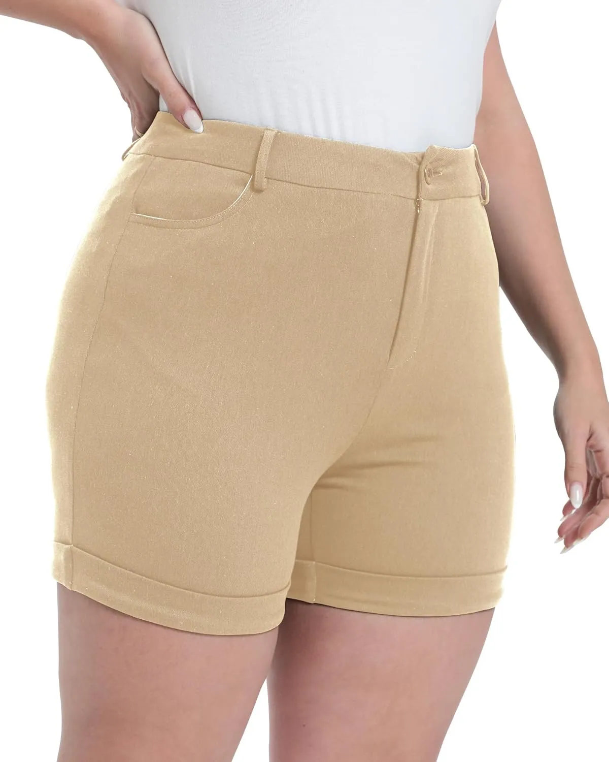 Plus Size Shorts Stretchy High Waisted Womens Summer Casual Shorts with Pockets