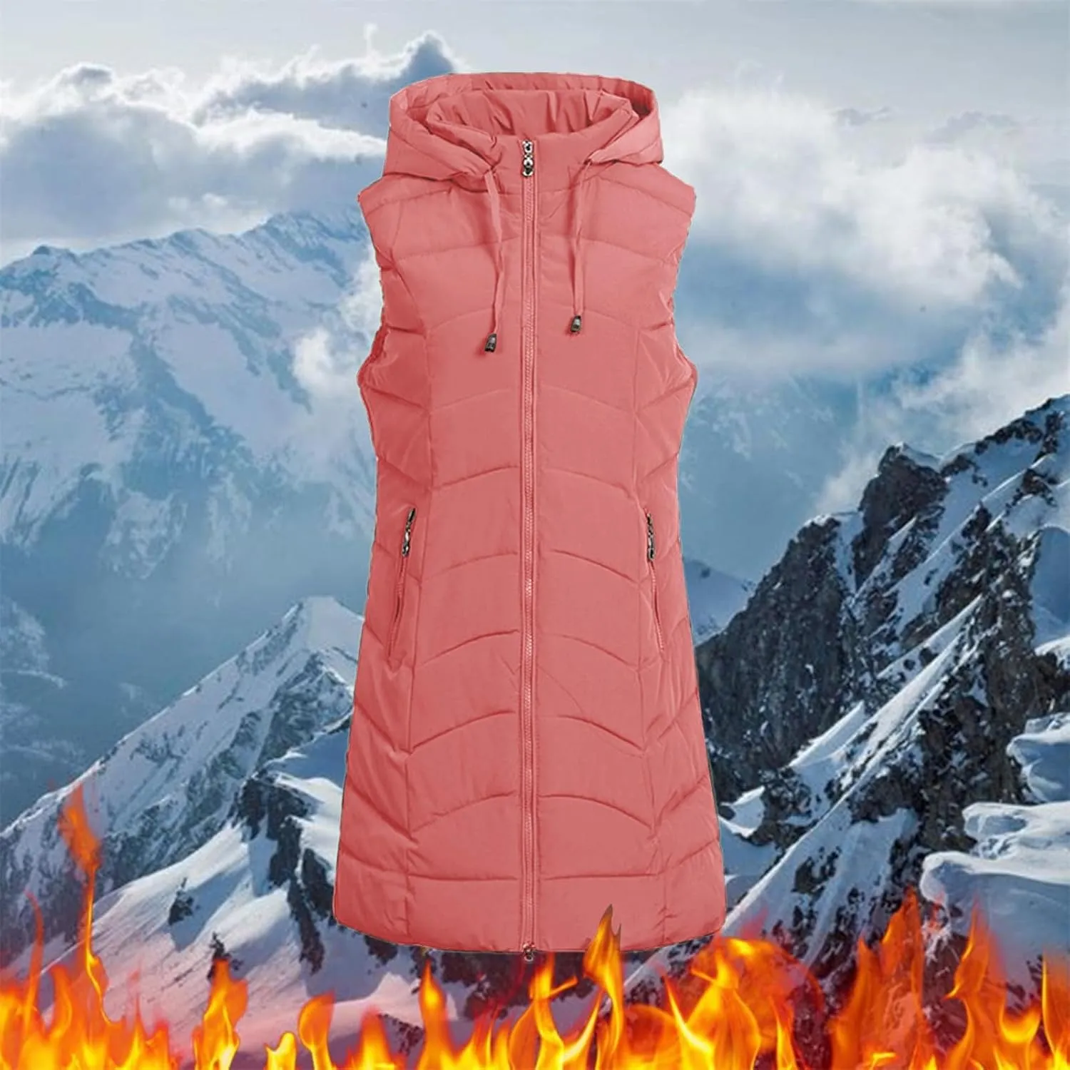 SACFOF Women's Long Puffer Vest Jacket Hoodies Full Zipper Sleeveless Down Coats Thickened Warm Windbreakers Outerwear