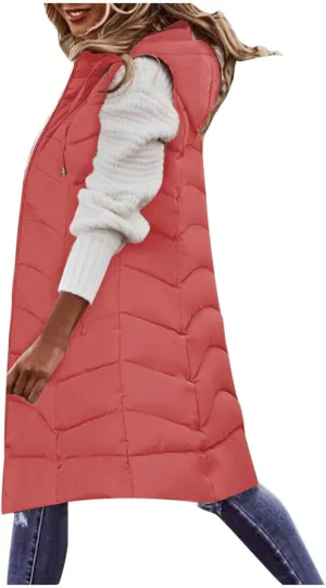 SACFOF Women's Long Puffer Vest Jacket Hoodies Full Zipper Sleeveless Down Coats Thickened Warm Windbreakers Outerwear