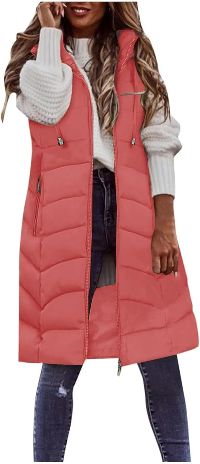SACFOF Women's Long Puffer Vest Jacket Hoodies Full Zipper Sleeveless Down Coats Thickened Warm Windbreakers Outerwear