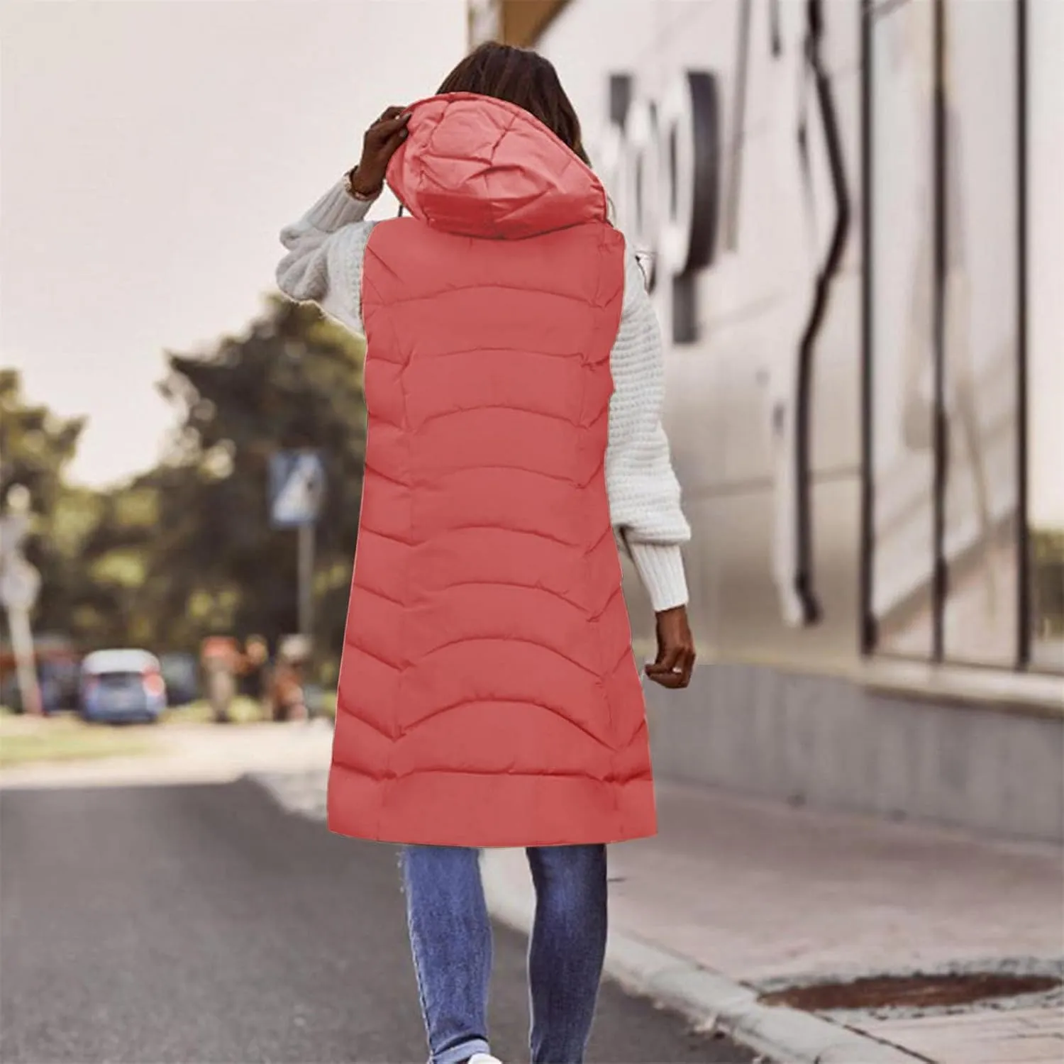 SACFOF Women's Long Puffer Vest Jacket Hoodies Full Zipper Sleeveless Down Coats Thickened Warm Windbreakers Outerwear